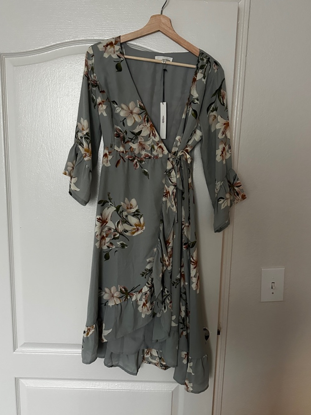 june & hudson Sage Green Floral Wrap Midi Dress